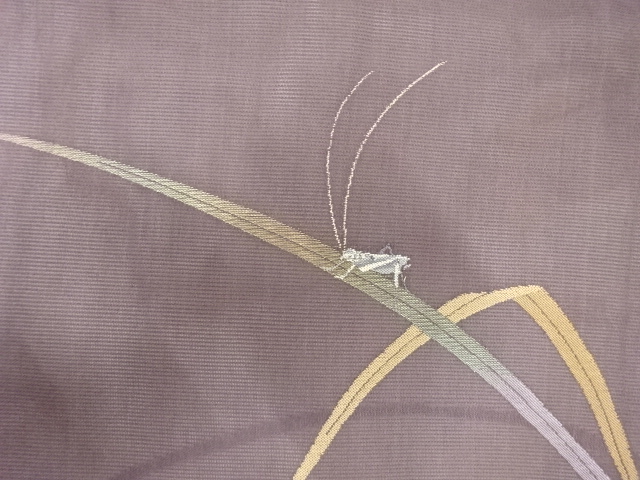 アンティーク　絽　草葉にキリギリス模様名古屋帯